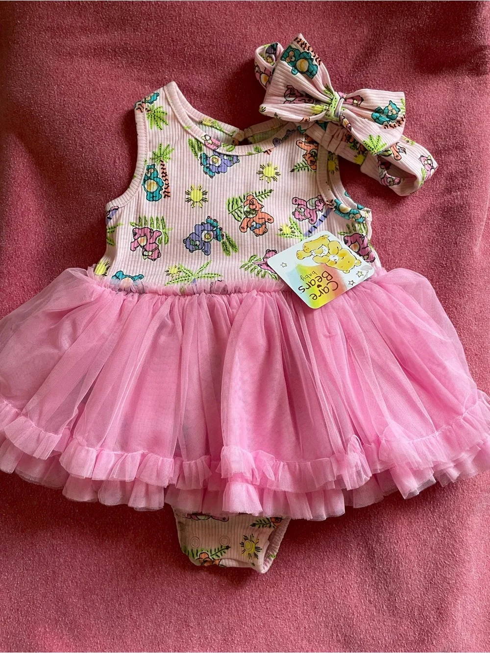 Care Bears Pink Tulle Dress with Multicolor Print & Matching Bow
